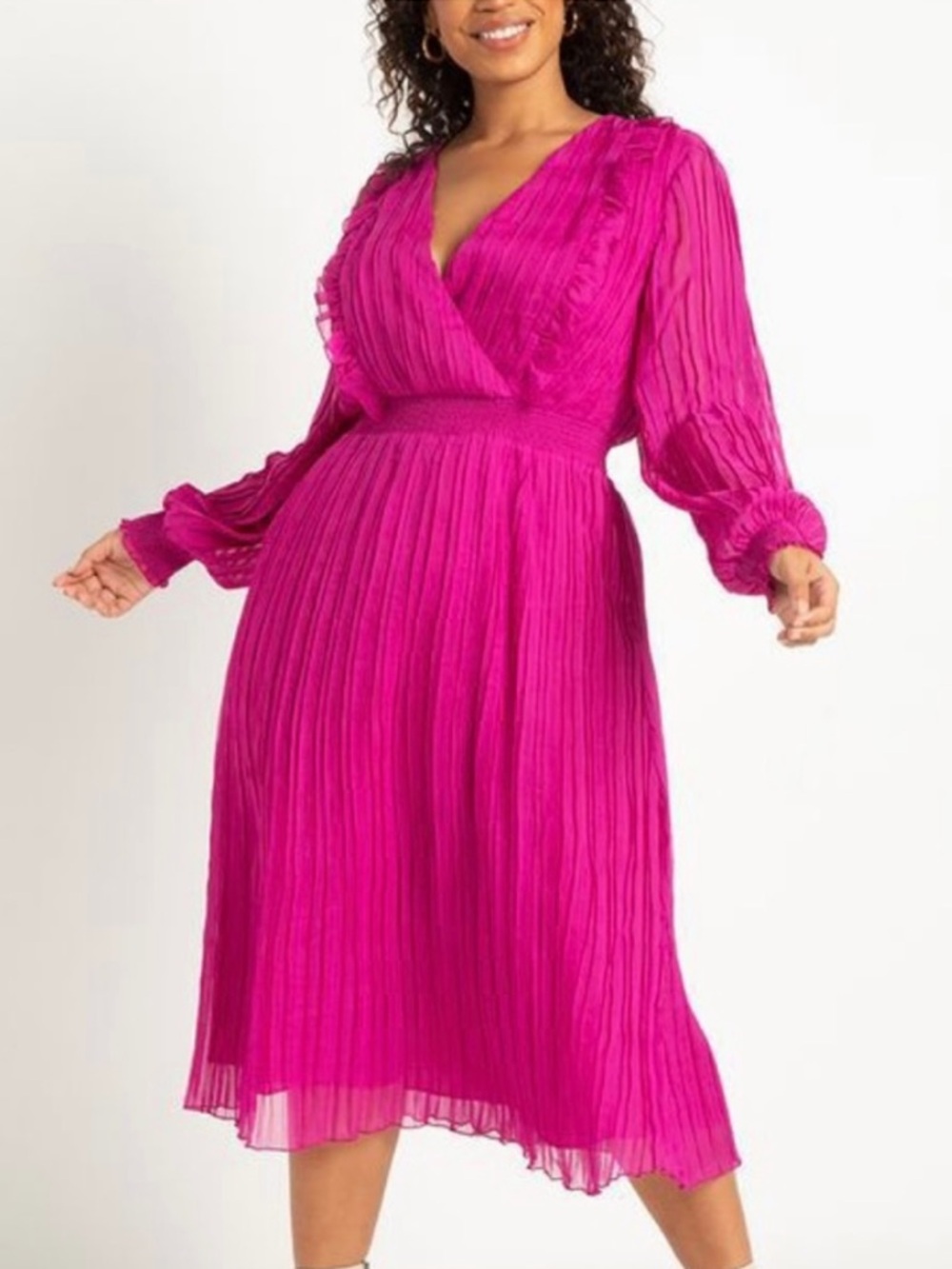 Eloquii Fuchsia Pleated Midi Dress Romantic Long Sleeve Flowy Luxe Plus NEW 22W - Picture 14 of 14
